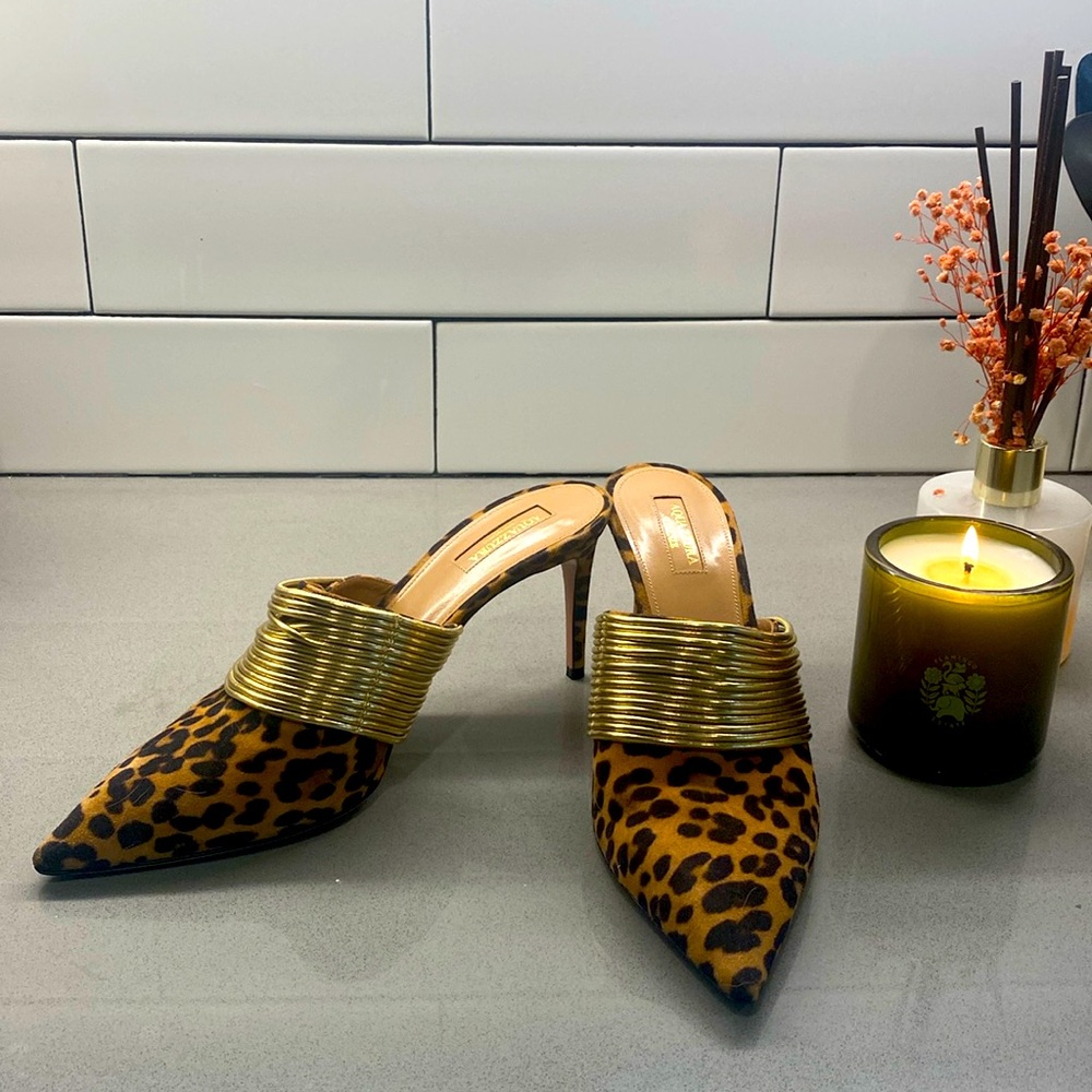 Aquazzura Leopard Mules with Gold Strap Detail - Size 40.5/10.5